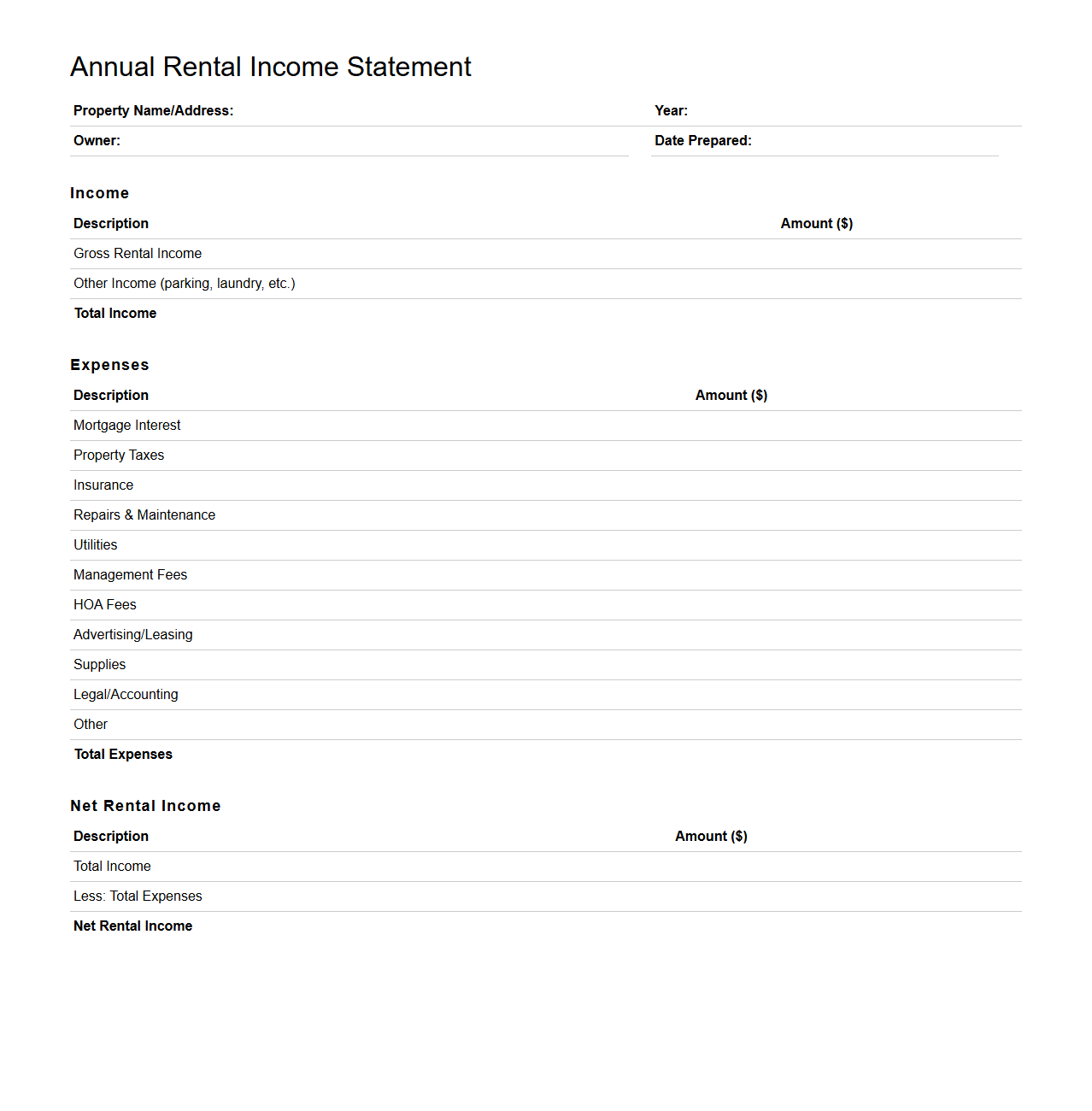 Blank Annual Rental Income Statement Template
