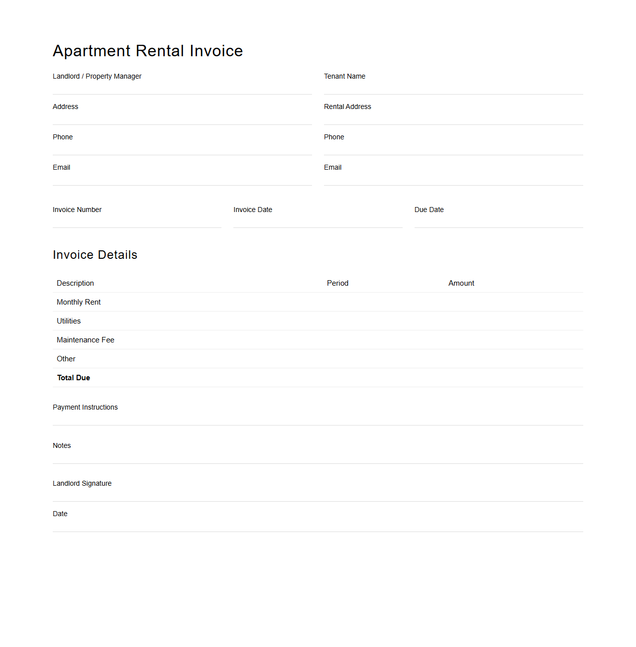 Blank Apartment Rental Invoice Template