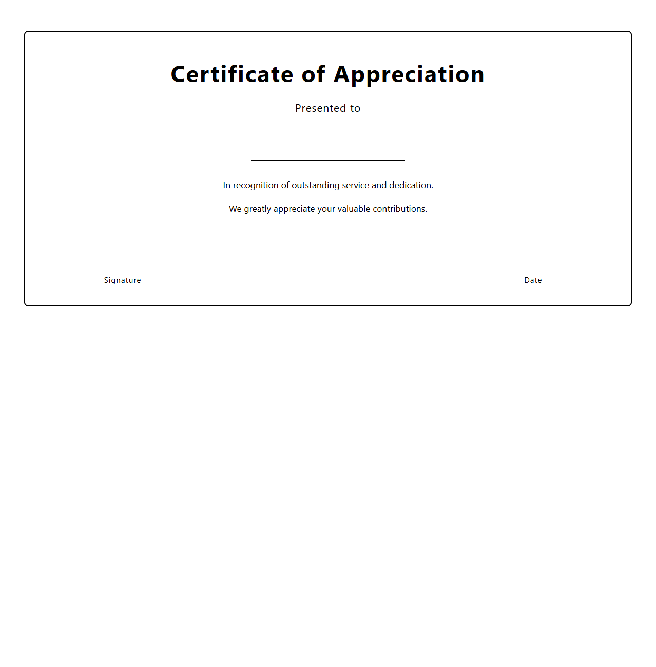 Blank Appreciation Certificate Template for Service