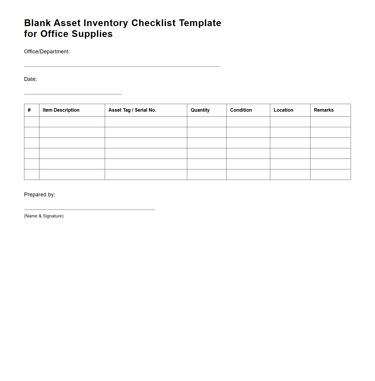 Blank Asset Inventory Checklist Template for Office Supplies