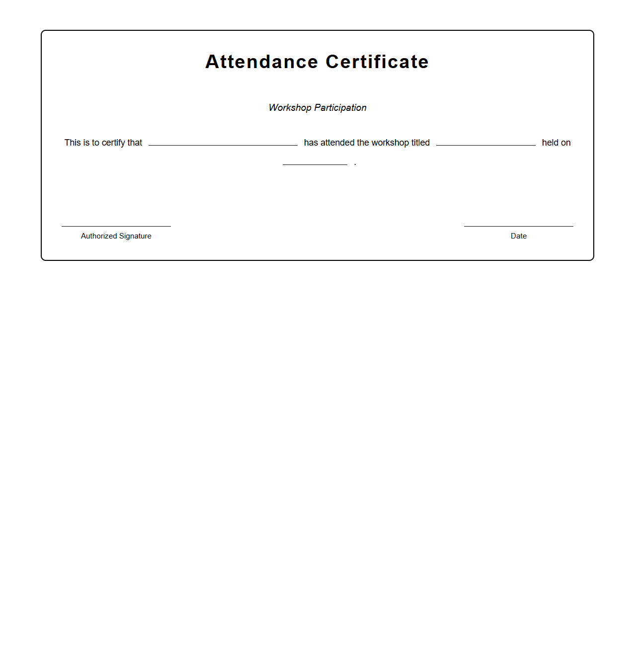 Blank Attendance Certificate for Workshops Template