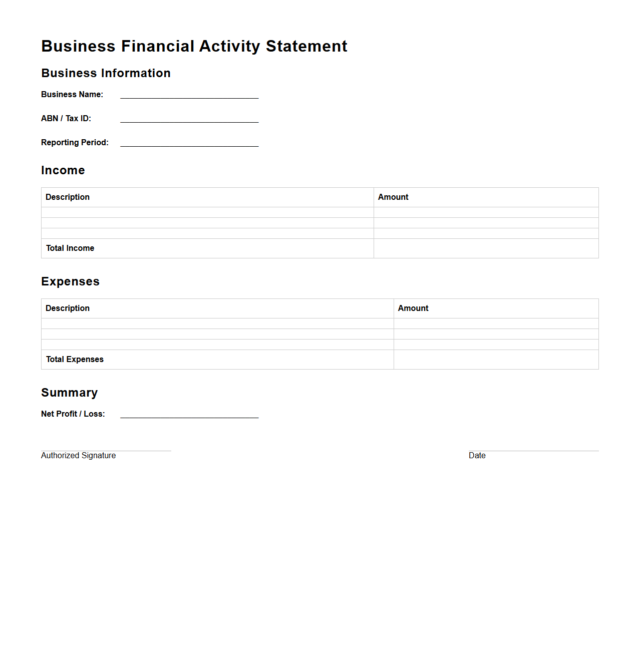 Blank Business Financial Activity Statement Template