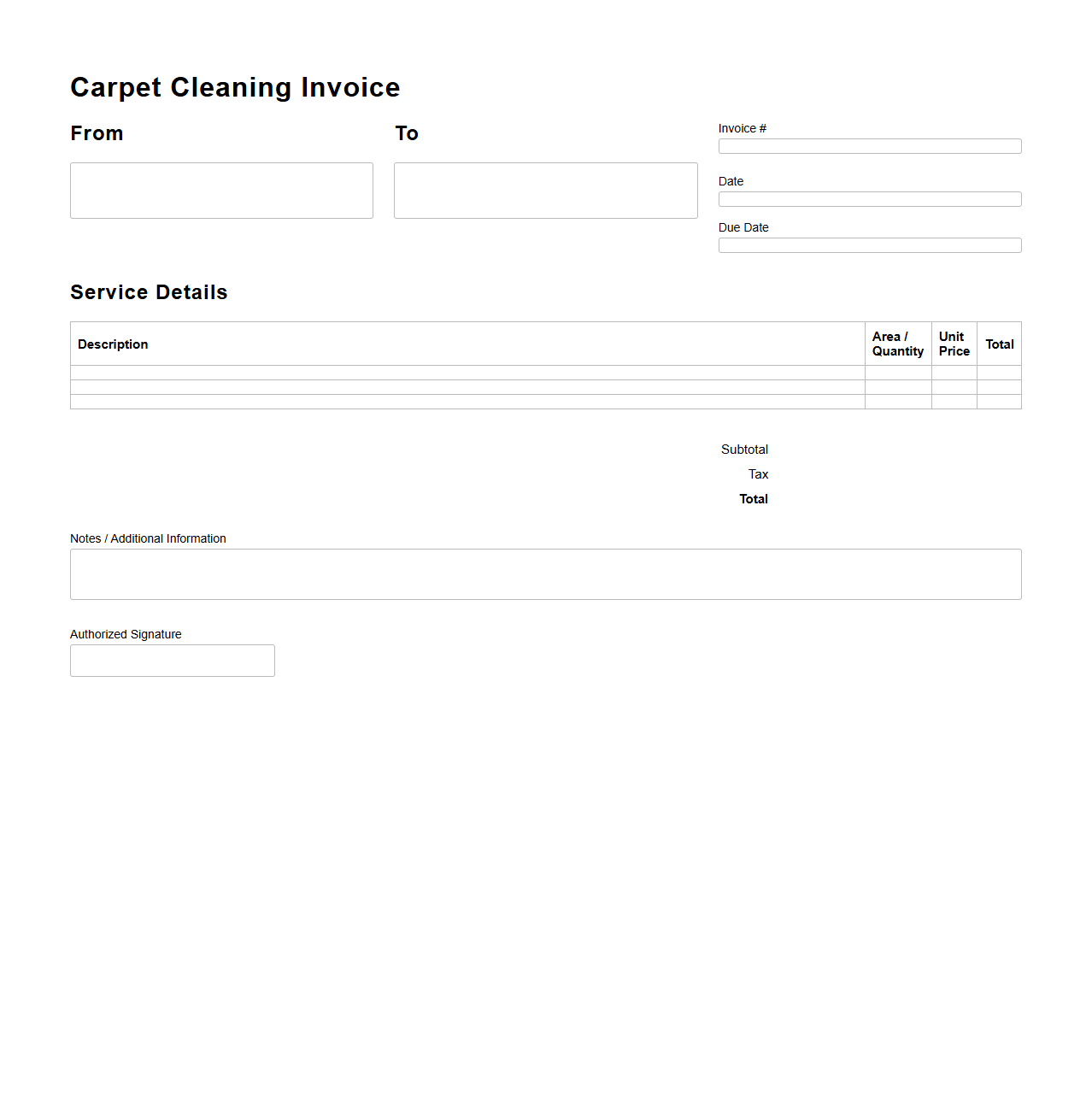 Blank Carpet Cleaning Invoice Template for Janitorial Companies