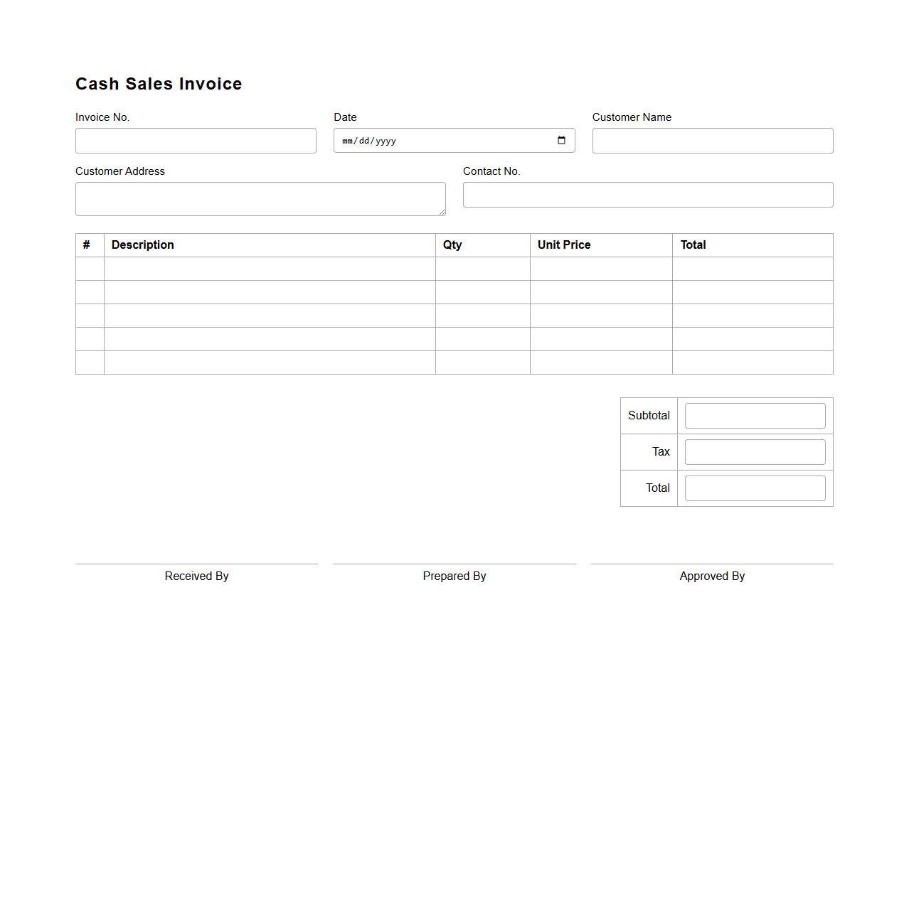 Blank Cash Sales Invoice Form