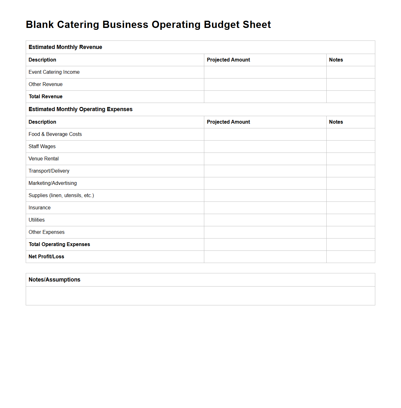 Blank Catering Business Operating Budget Sheet