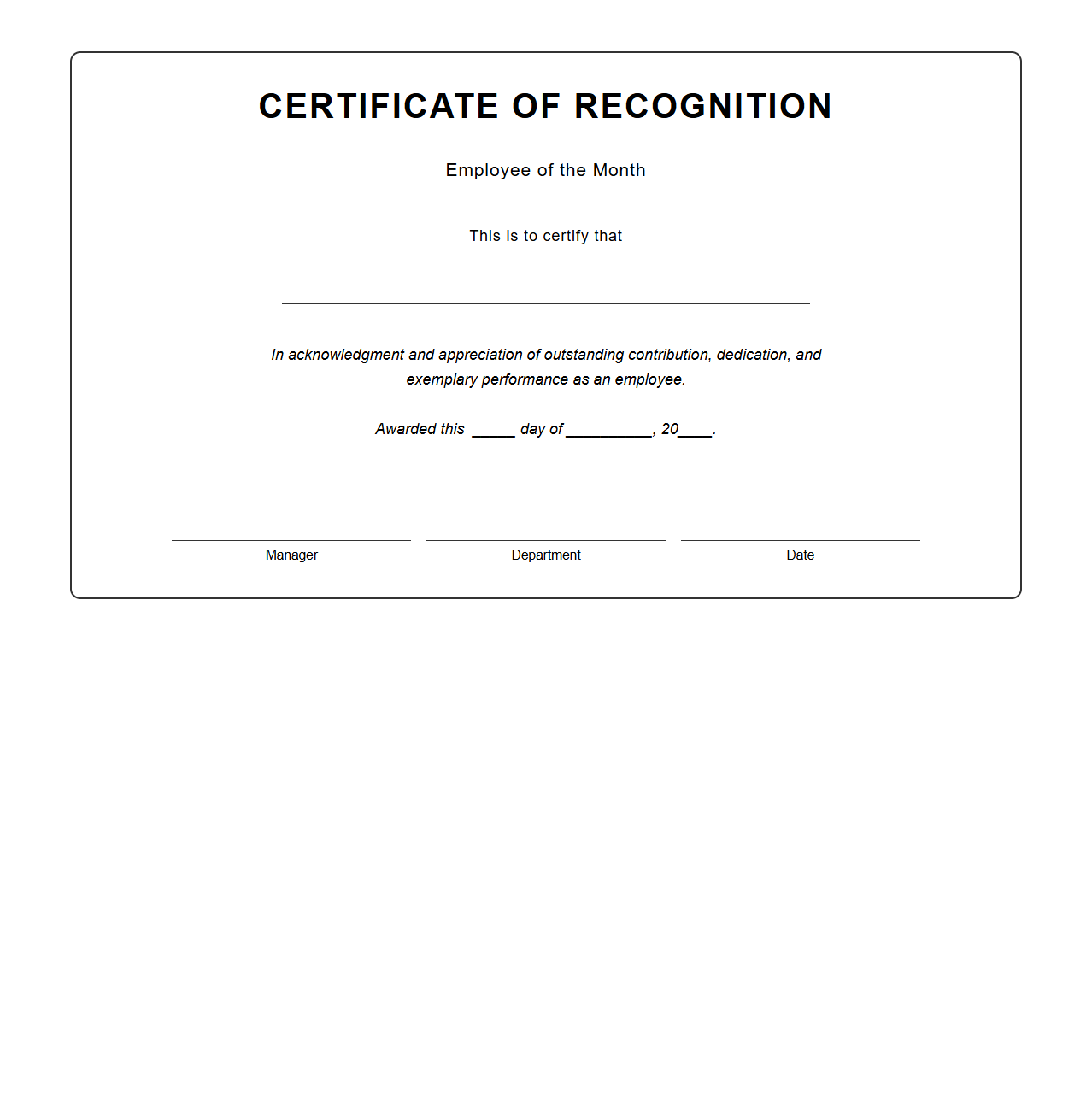 Blank Certificate Template for Employee of the Month
