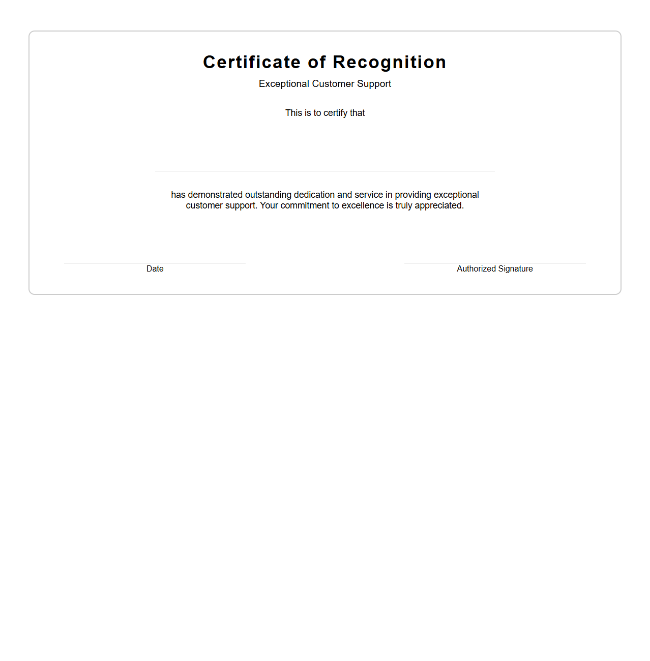Blank Certificate Template for Exceptional Customer Support