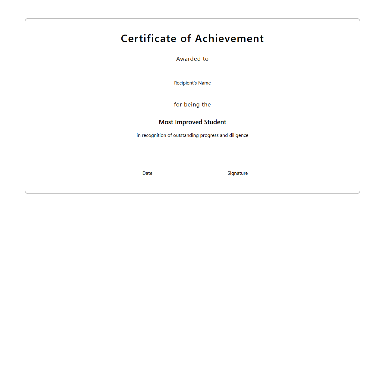 Blank Certificate Template for Most Improved Student