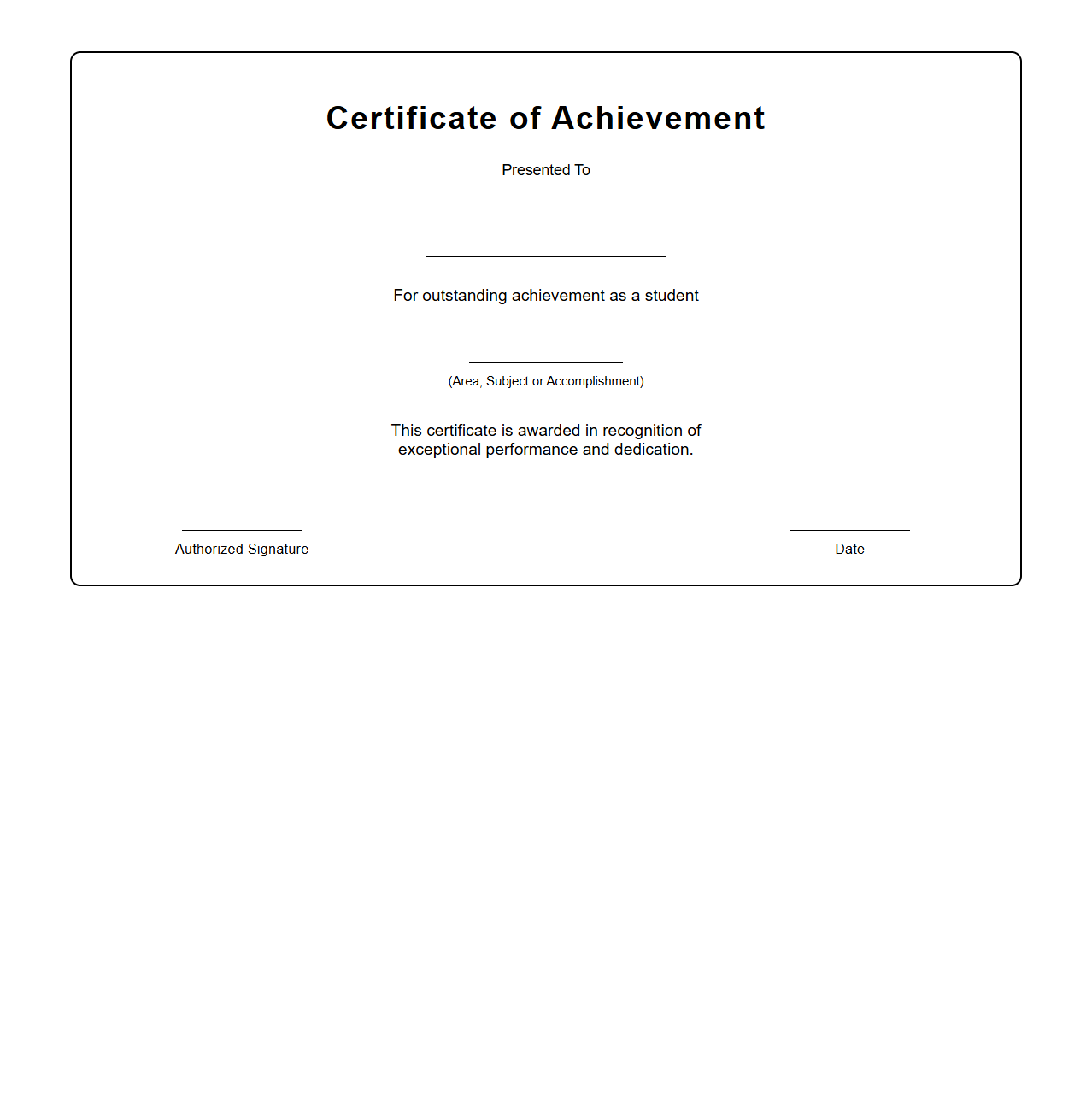 Blank Certificate Template for Outstanding Student Achievement