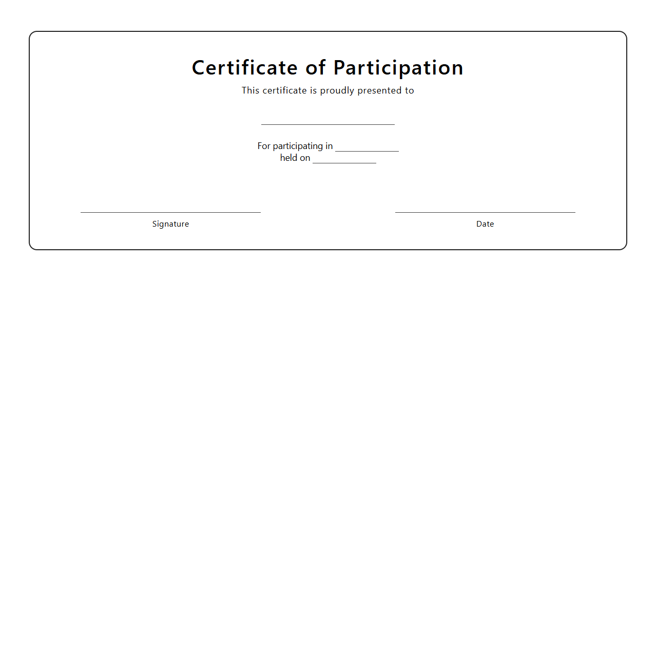 Blank Certificate Template for Student Participation