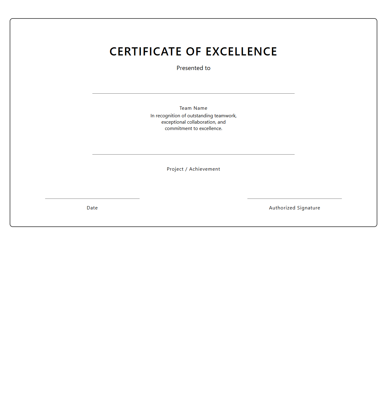 Blank Certificate Template for Team Excellence