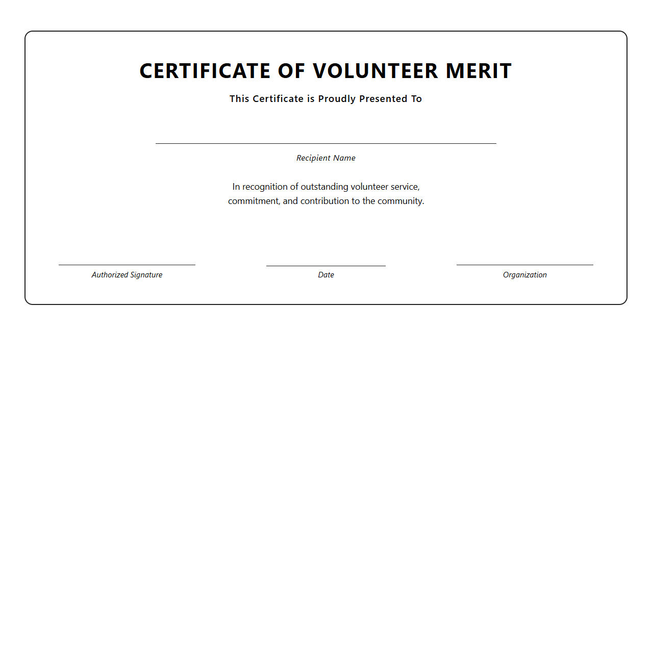 Blank Certificate Template for Volunteer Merit