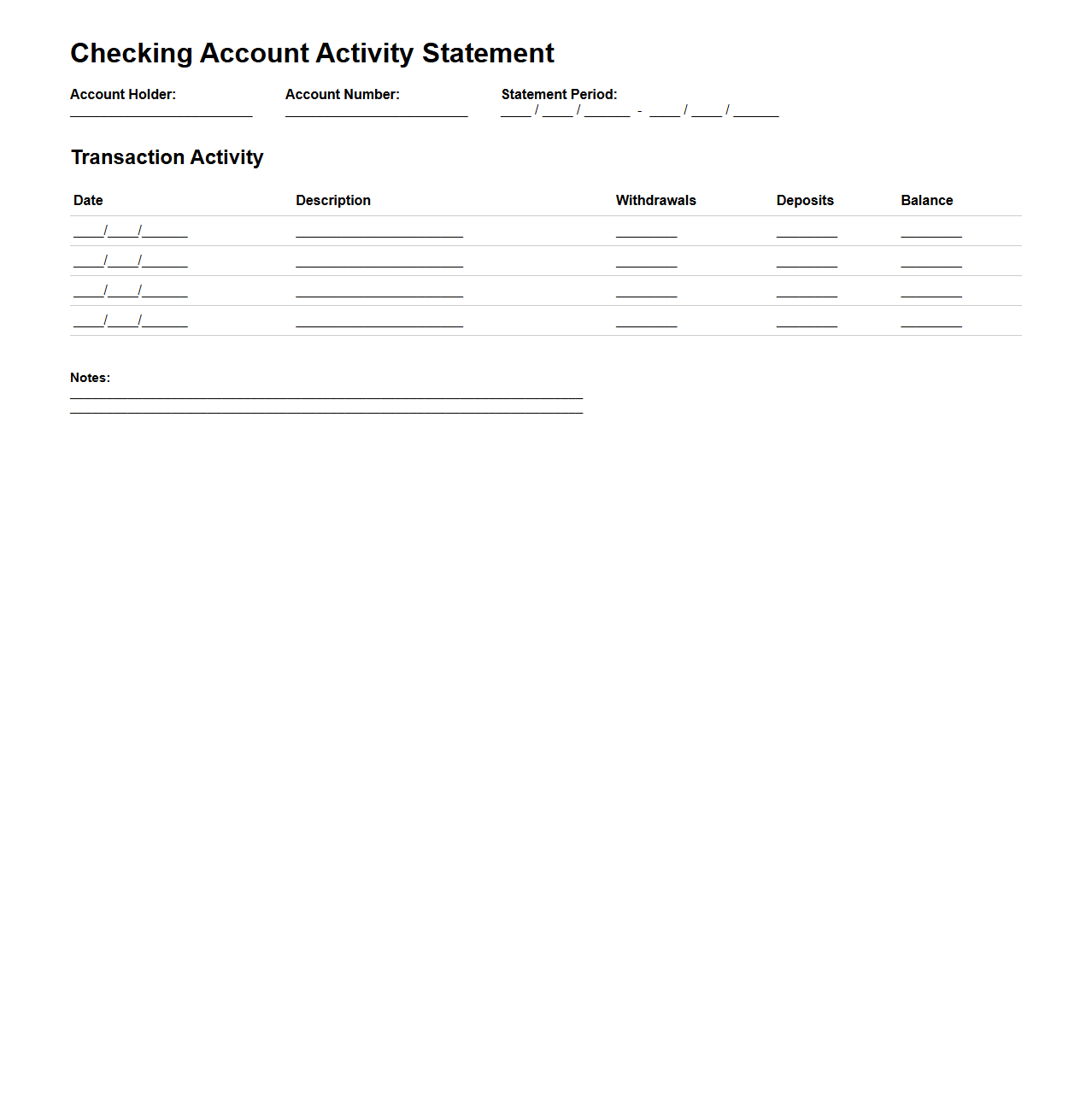Blank Checking Account Activity Statement