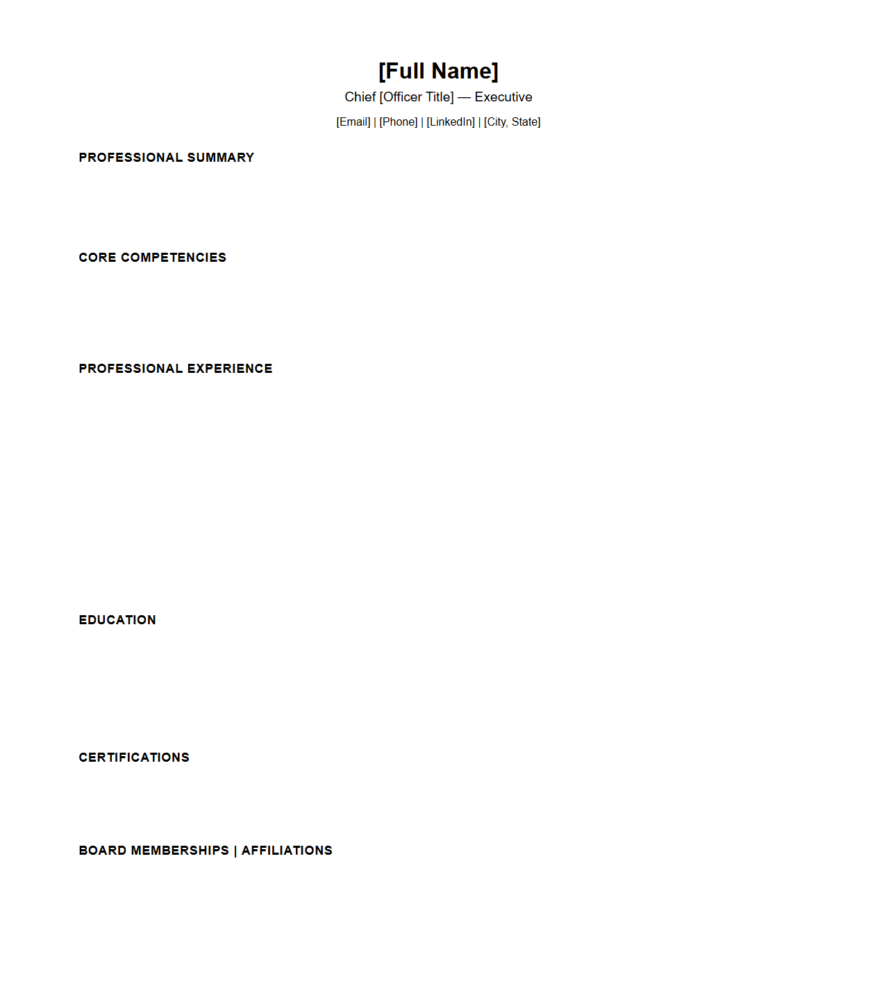Blank Chief Officer Resume Template for Top Executive Roles