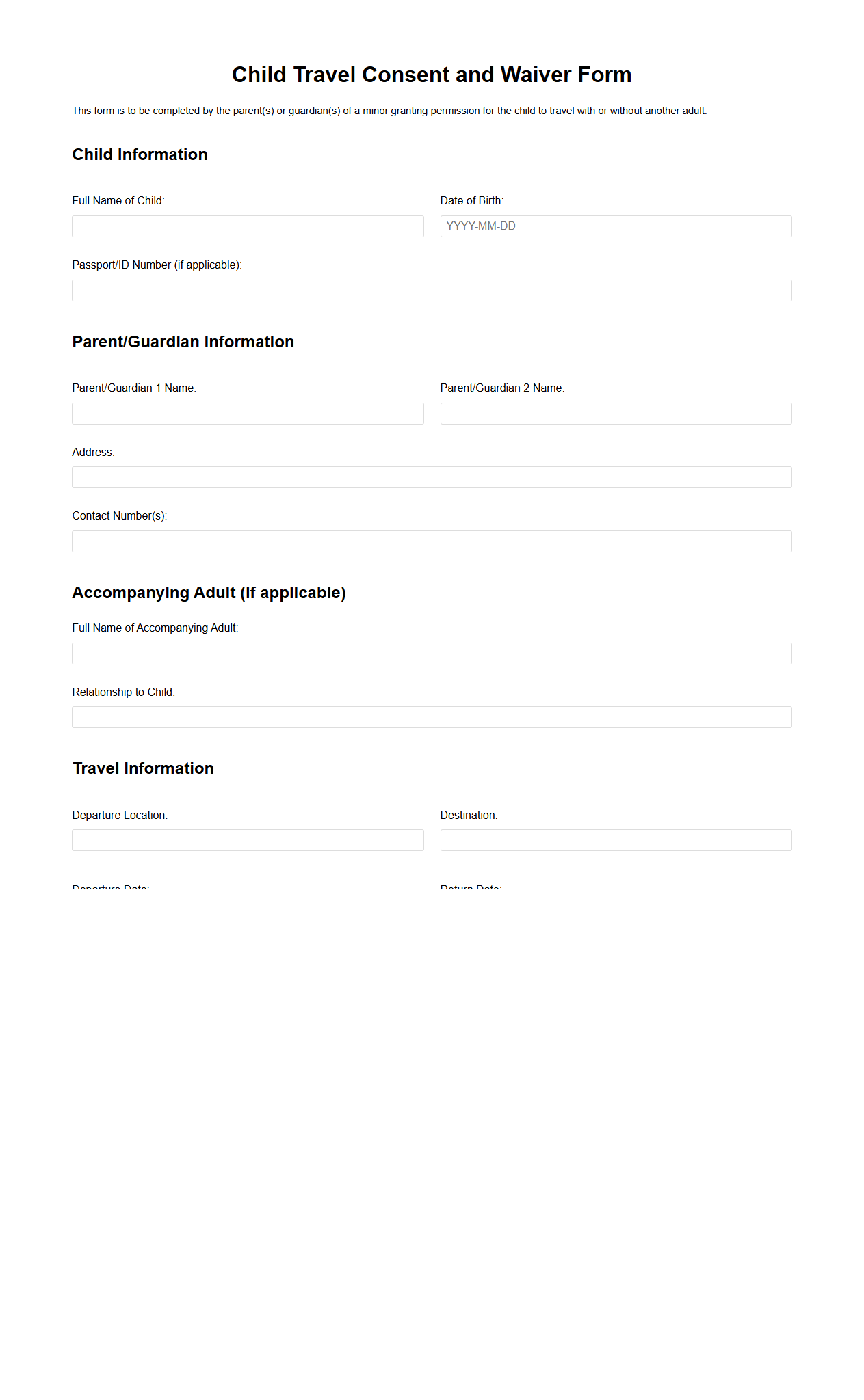 Blank Child Travel Consent and Waiver Form
