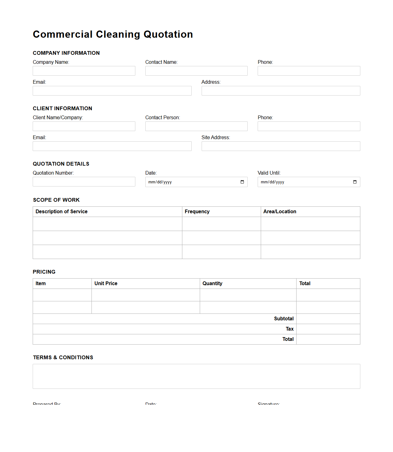 Blank Commercial Cleaning Quotation Template
