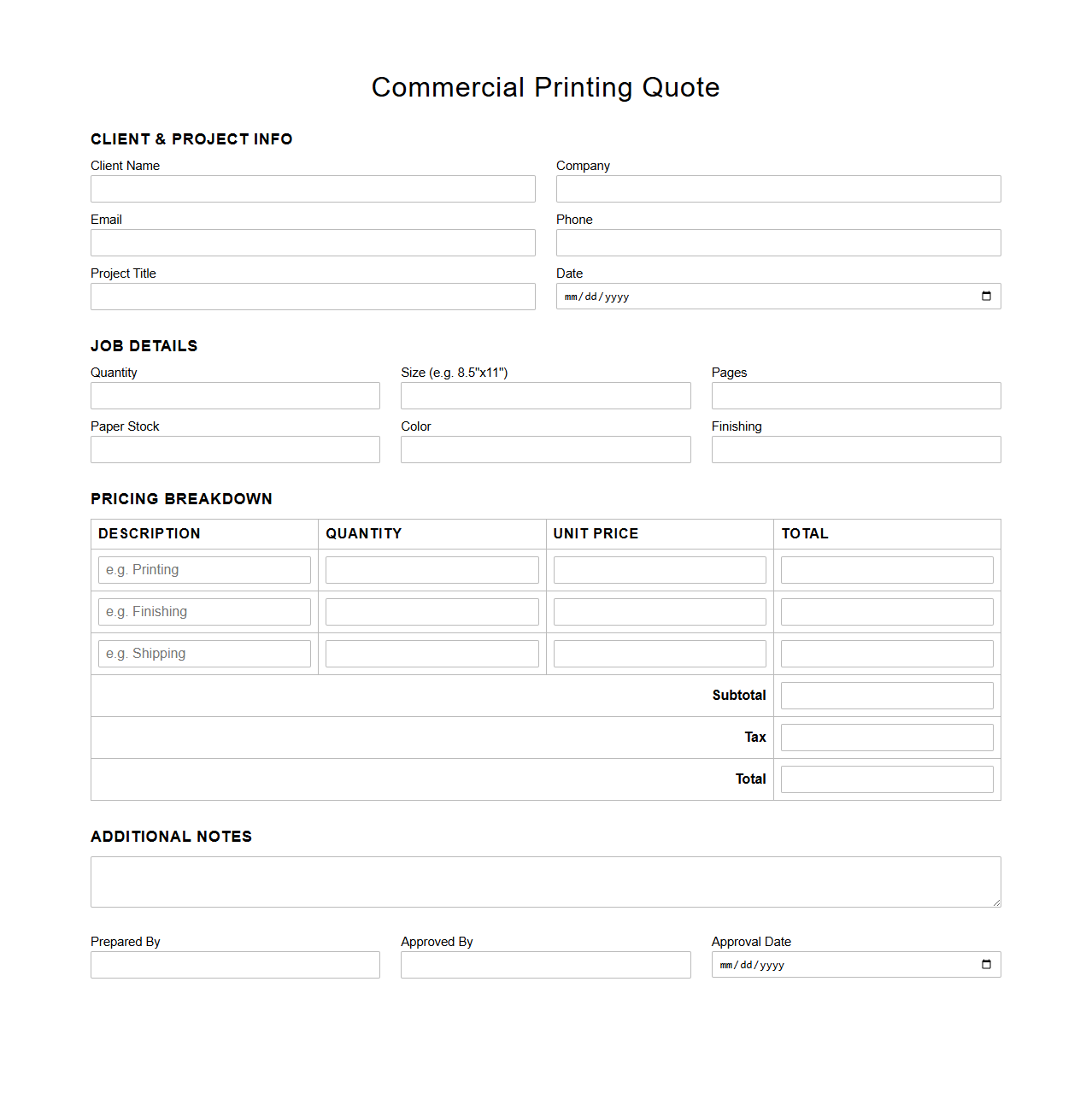 Blank Commercial Printing Quote Template