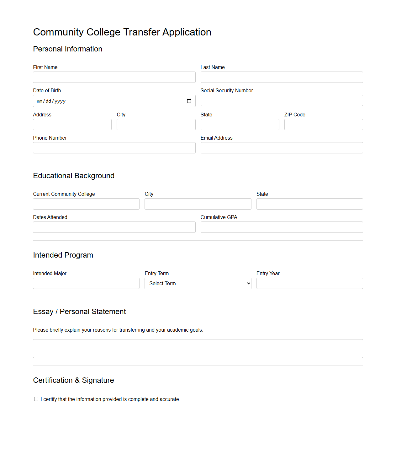 Blank Community College Transfer Application Example