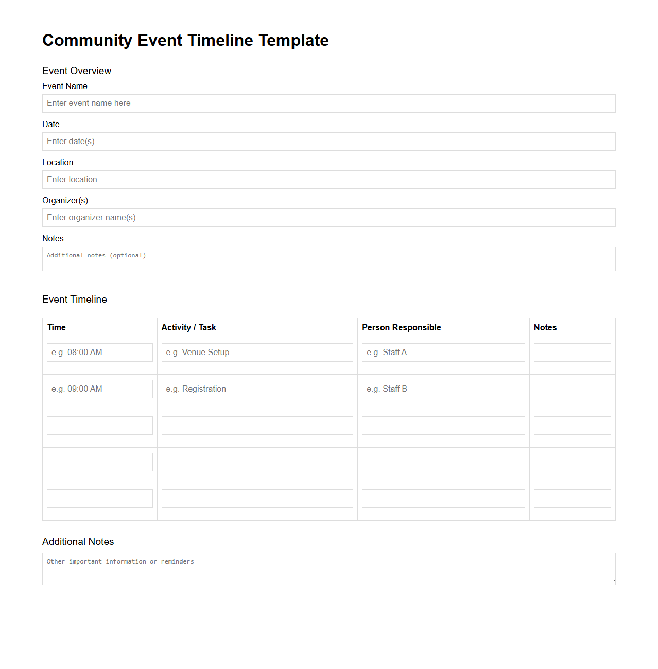Blank Community Event Timeline Template for Organizers