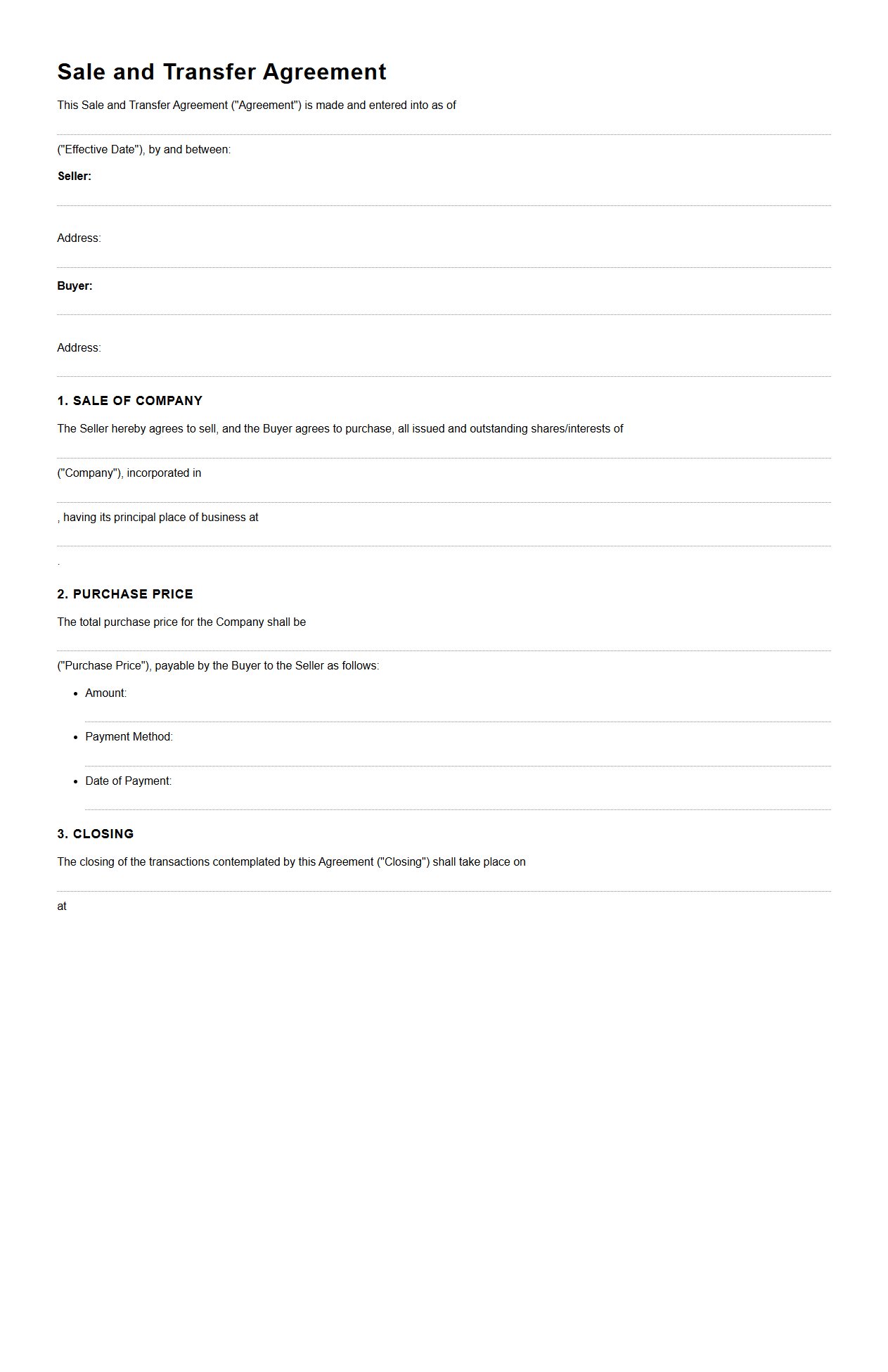 Blank Company Sale and Transfer Agreement Sample
