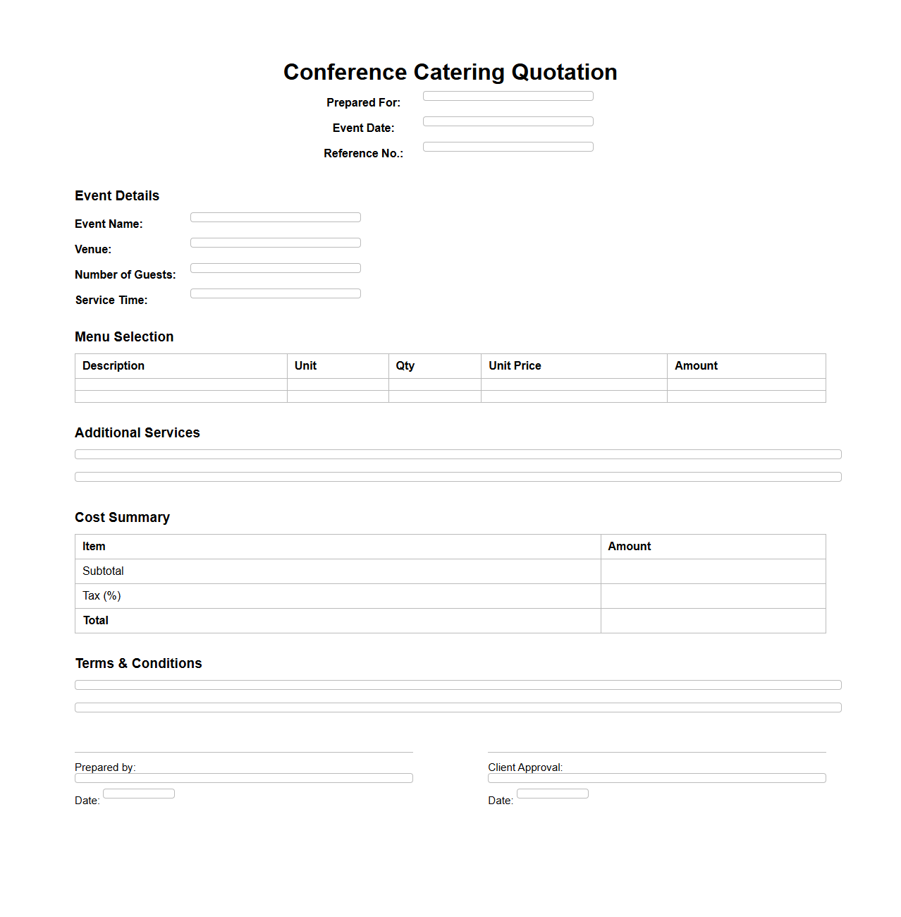 Blank Conference Catering Quotation Template for Professional Events