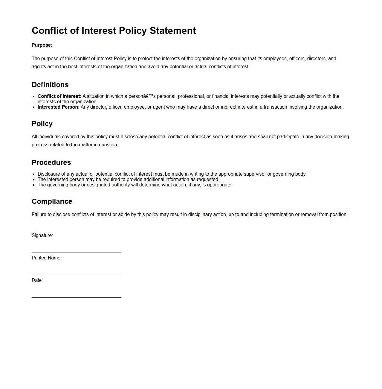 Blank Conflict of Interest Policy Statement