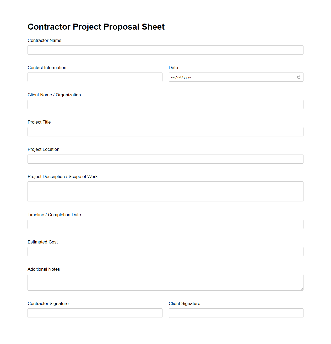 Blank Contractor Project Proposal Sheet