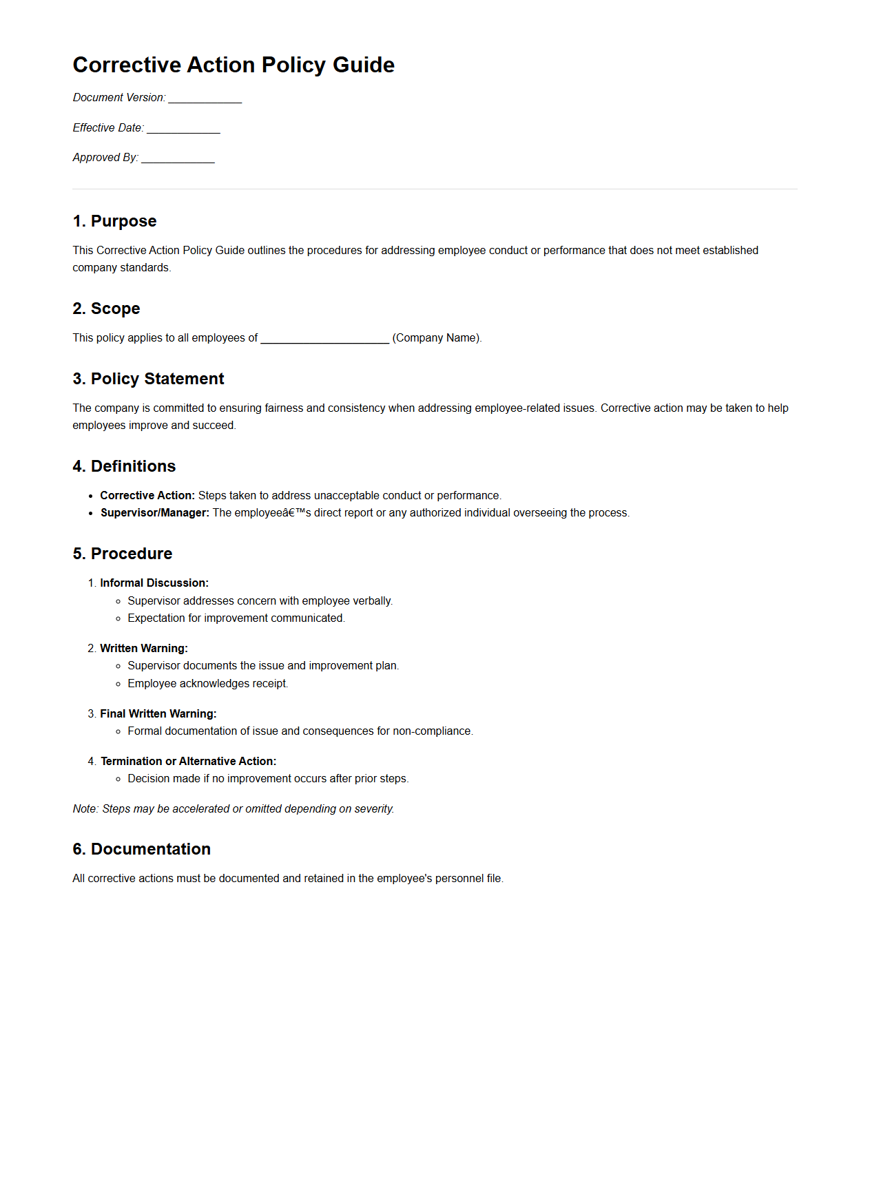 Blank Corrective Action Policy Guide