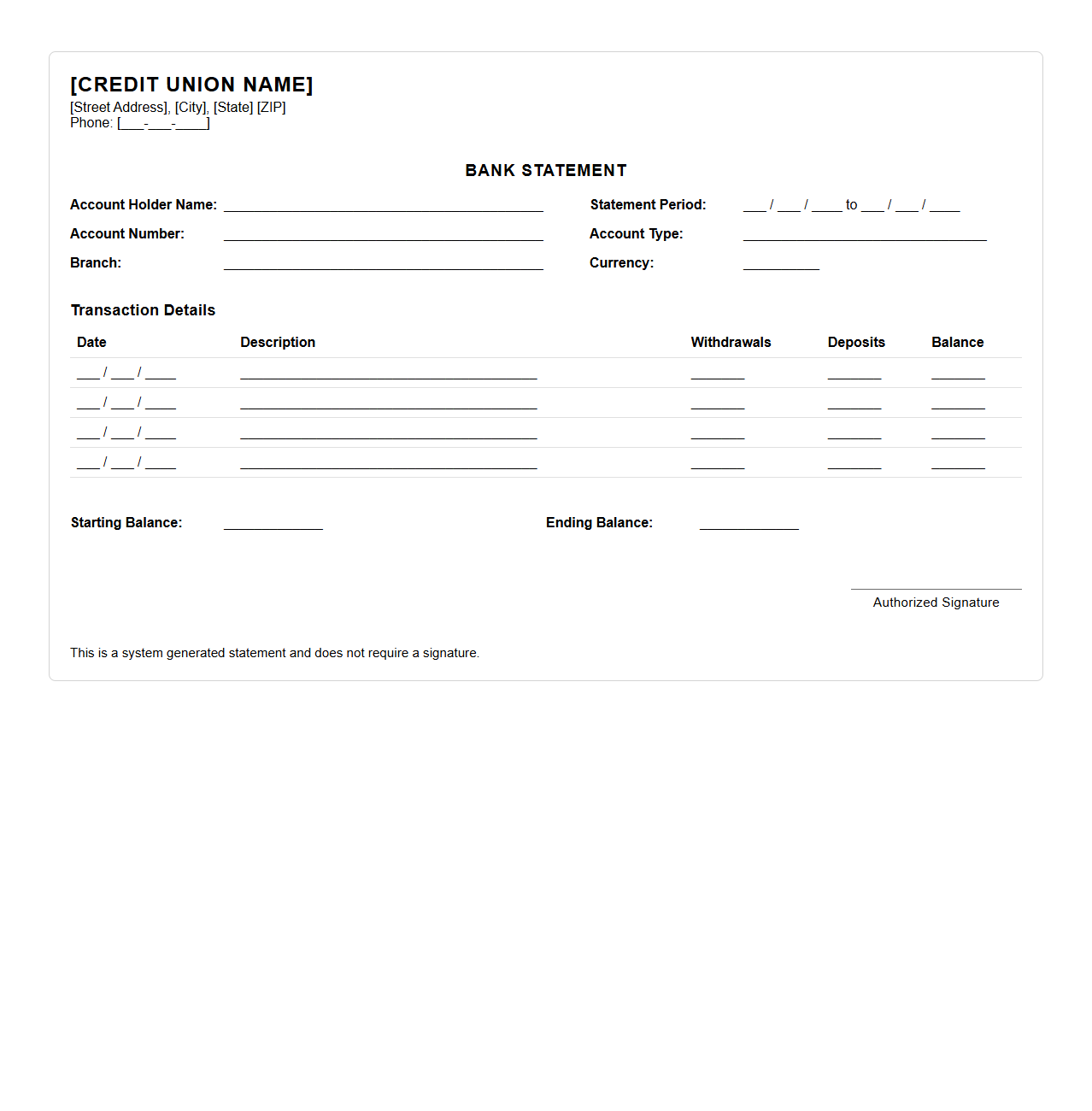 Blank Credit Union Bank Statement Template