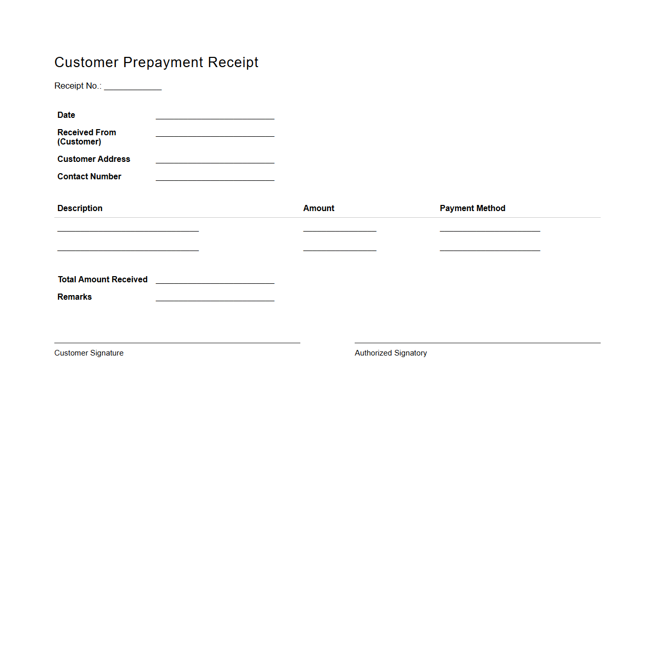 Blank Customer Prepayment Receipt Format
