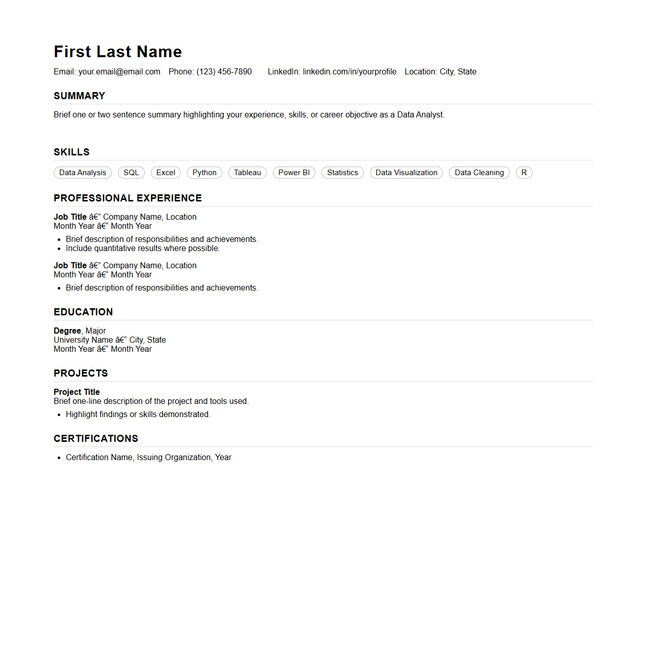 Blank Data Analyst Resume Template