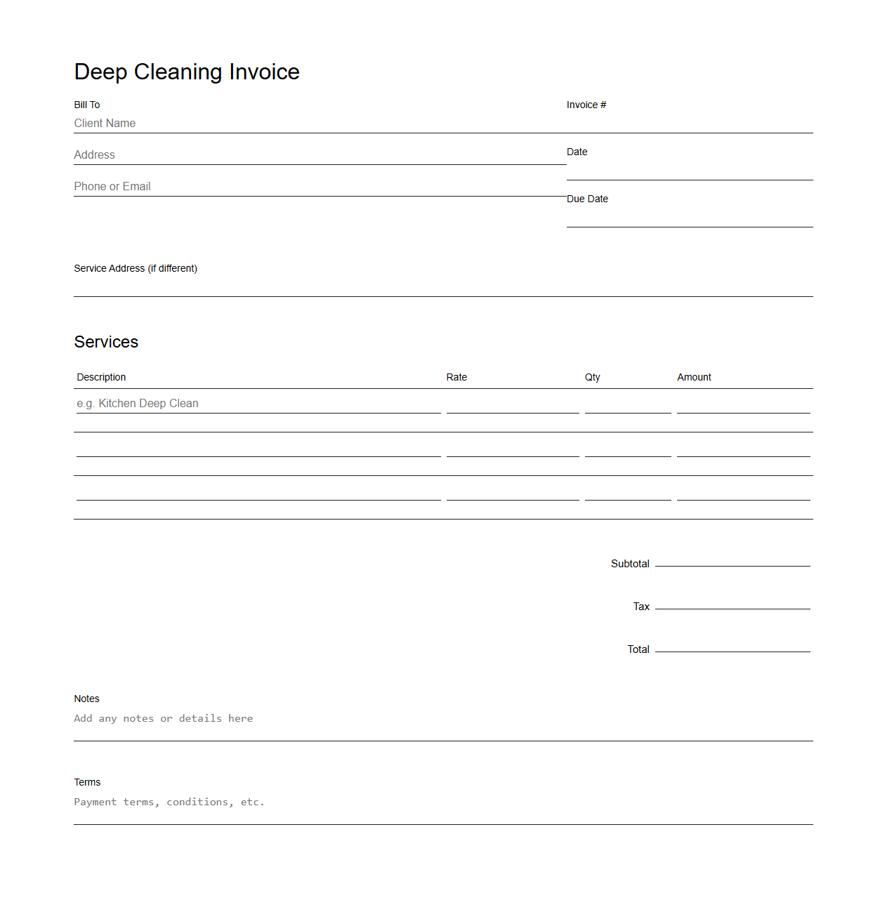 Blank Deep Cleaning Invoice Template for Homes
