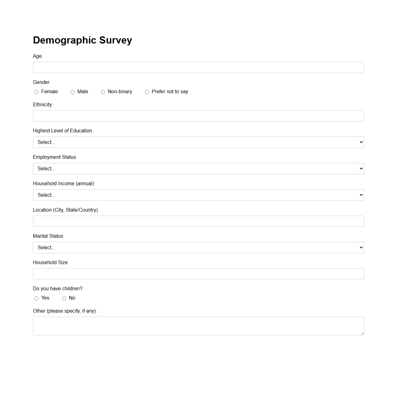 Blank Demographic Survey Template for Market Segmentation