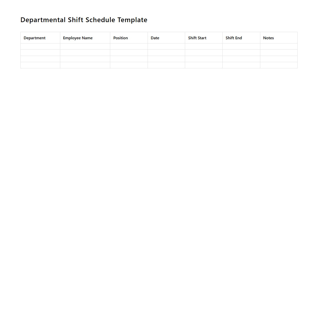 Blank Departmental Shift Schedule Template for Employee Roster