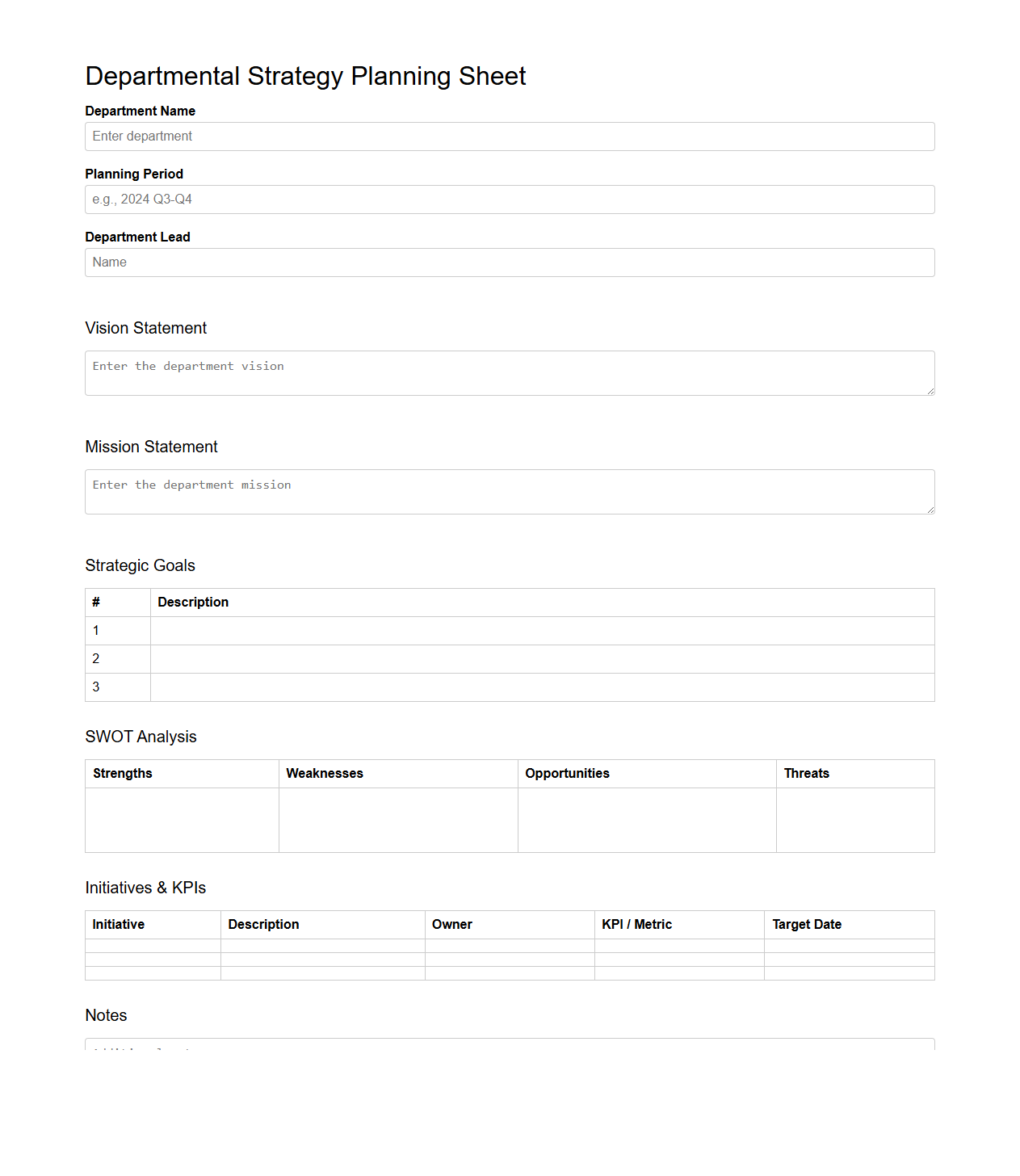 Blank Departmental Strategy Planning Sheet