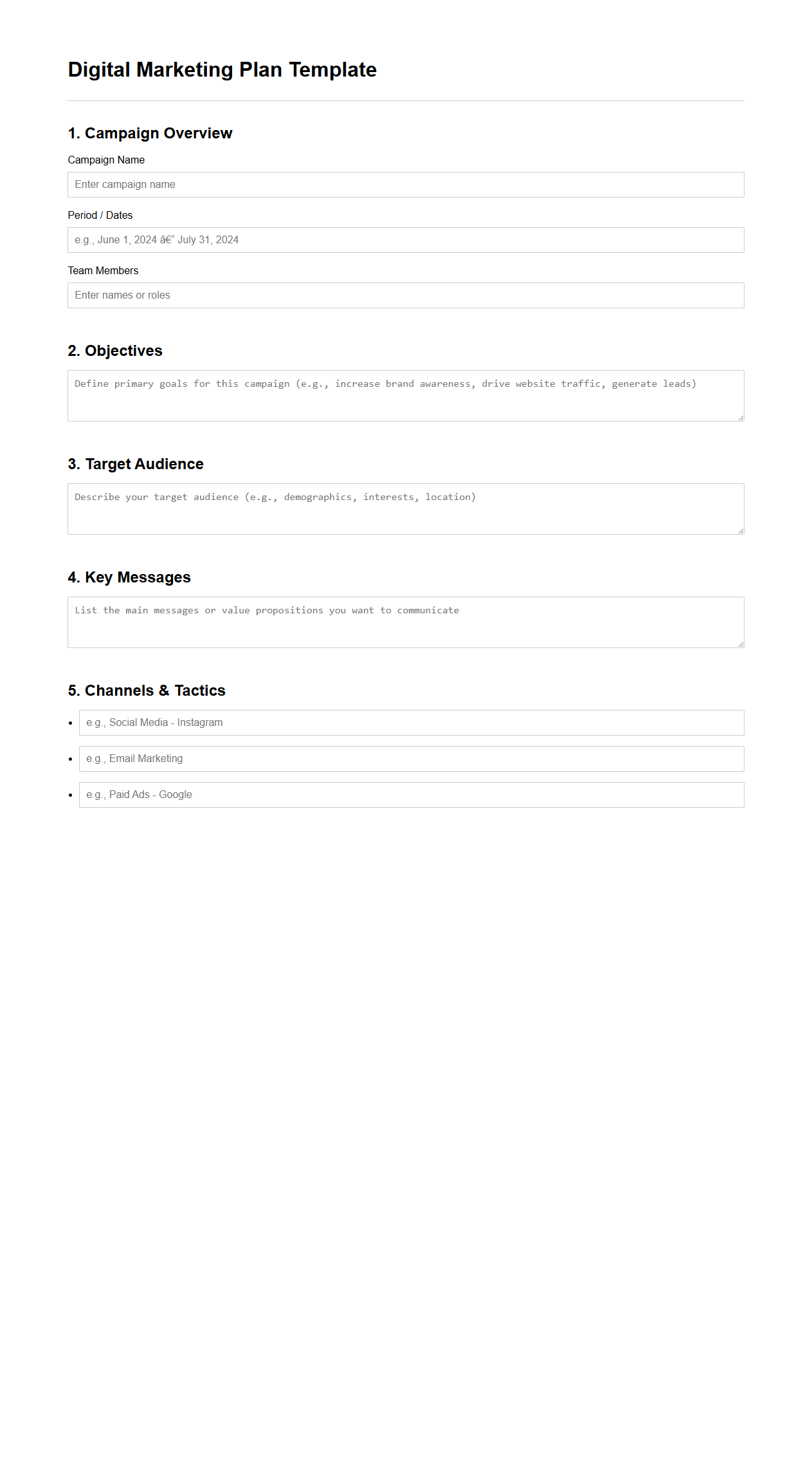 Blank Digital Marketing Plan Template for Online Campaigns