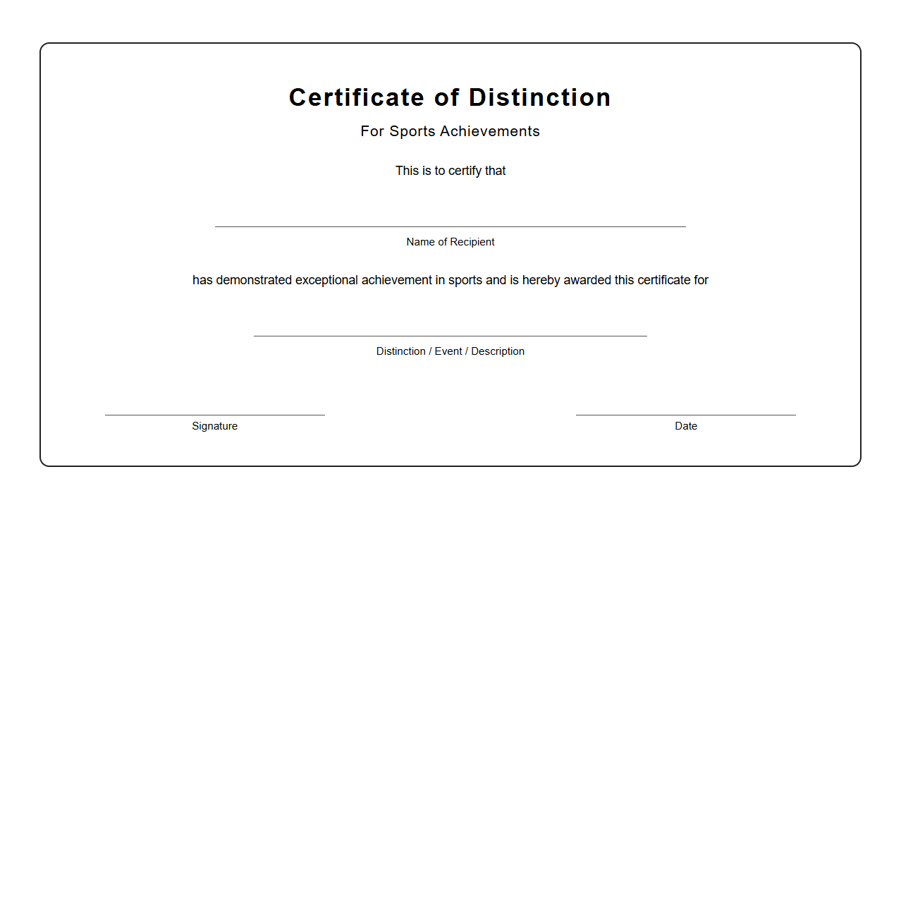 Blank Distinction Certificate for Sports Achievements
