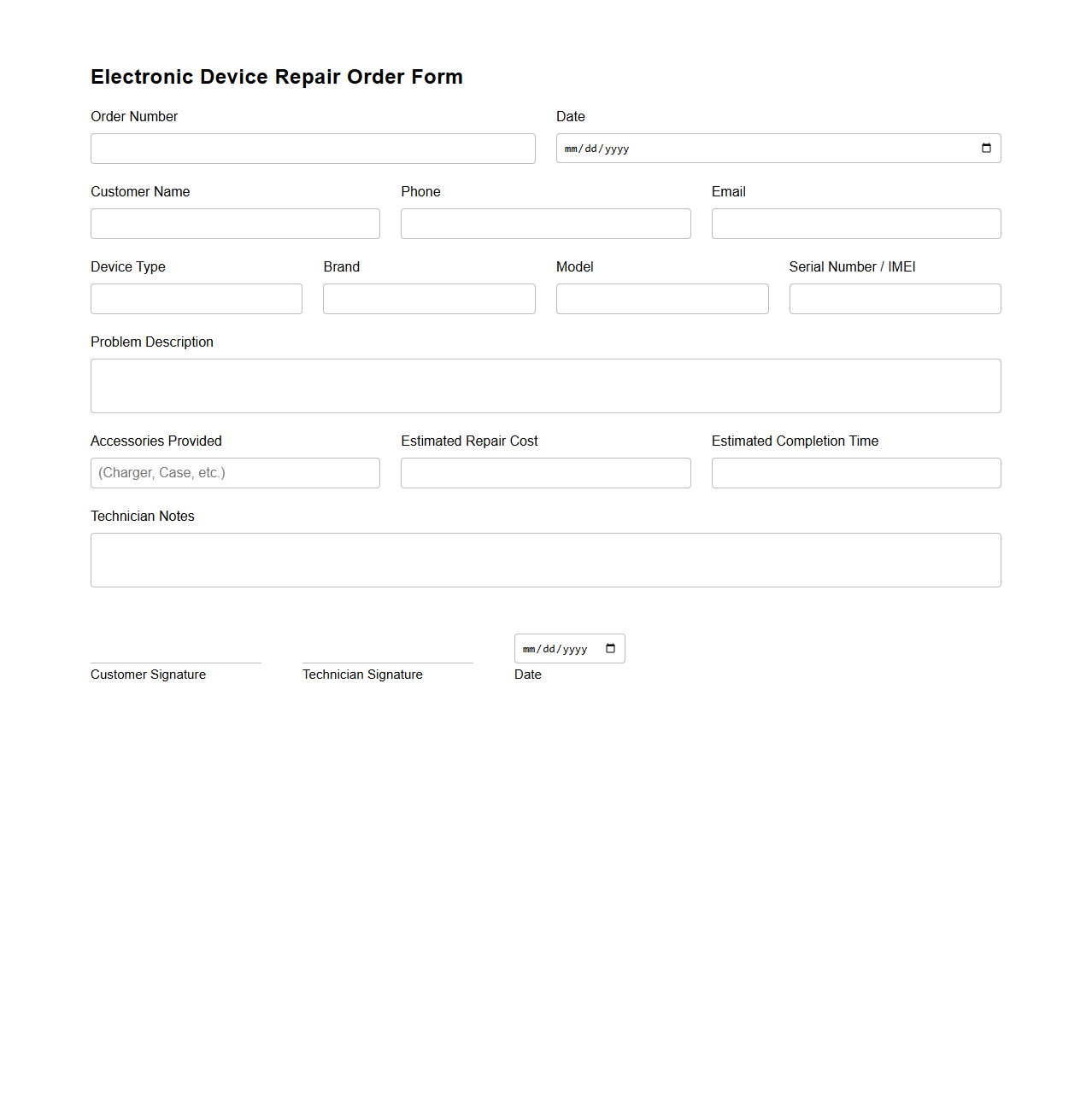 Blank Electronic Device Repair Order Form