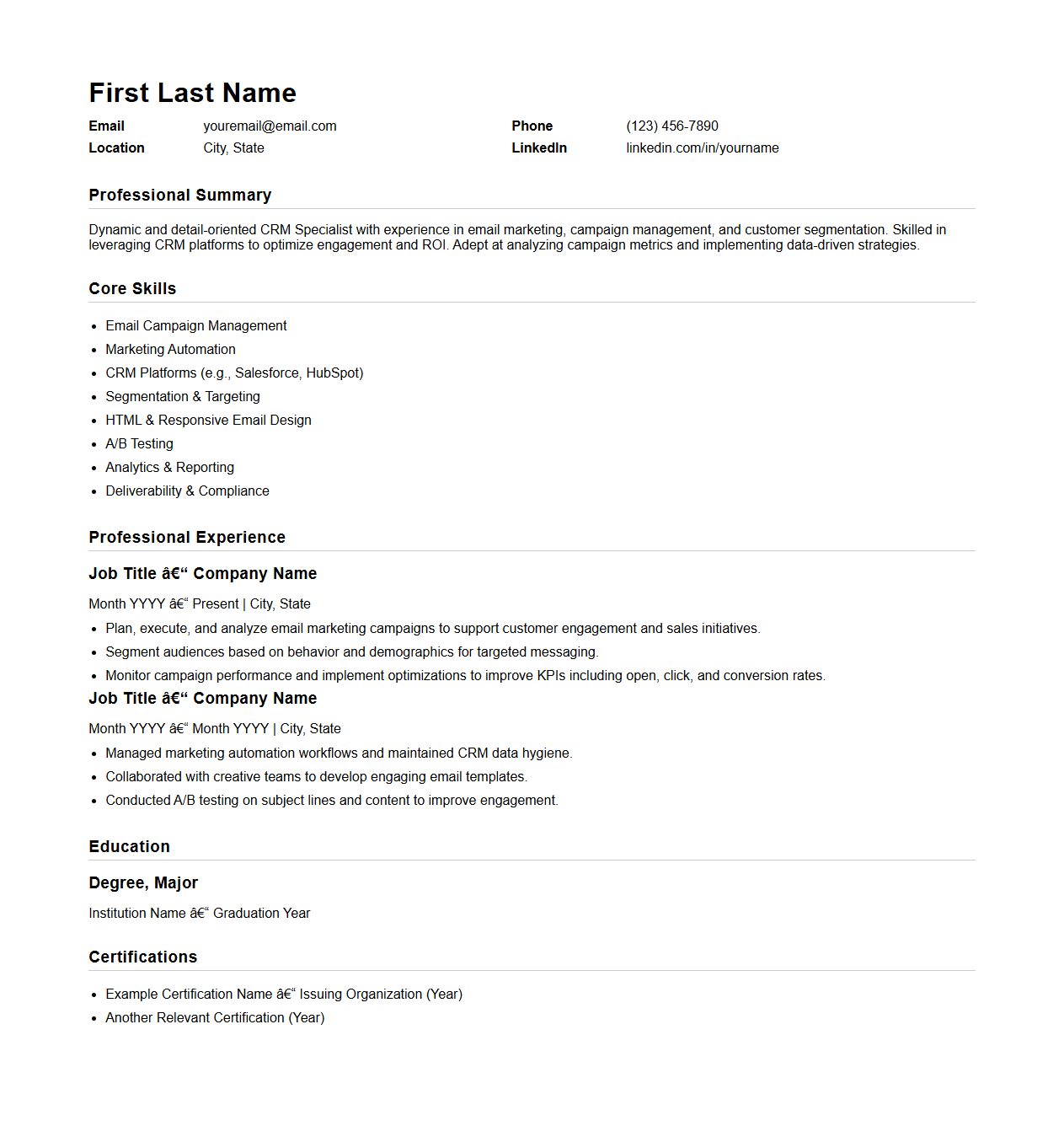 Blank Email Marketing Resume Template for CRM Specialists