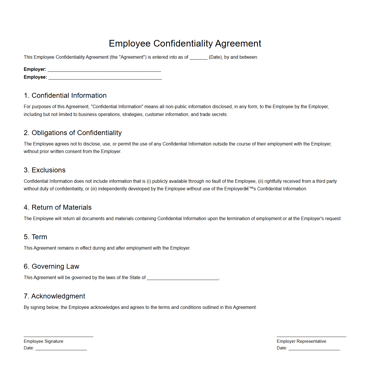Blank Employee Confidentiality Agreement Template
