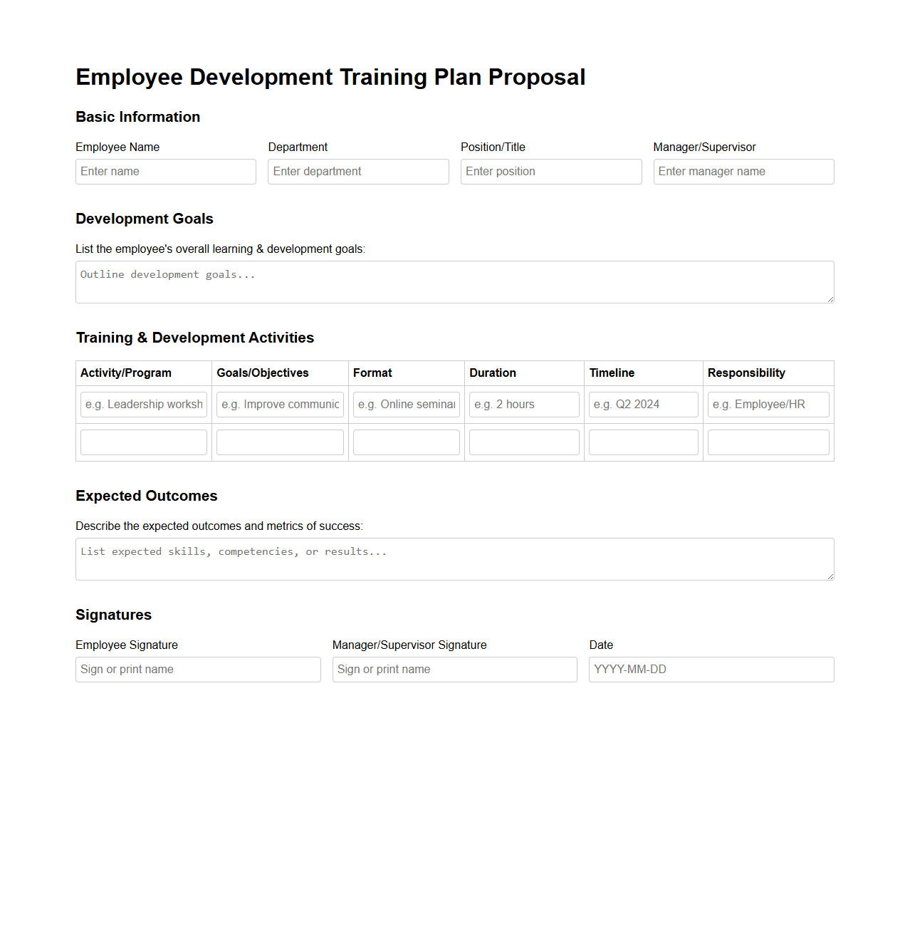 Blank Employee Development Training Plan Proposal Template