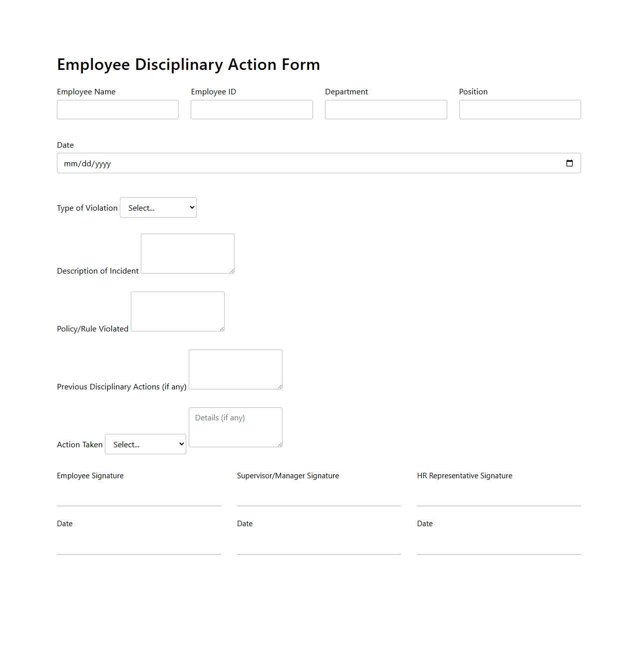 Blank Employee Disciplinary Action Form Template for HR
