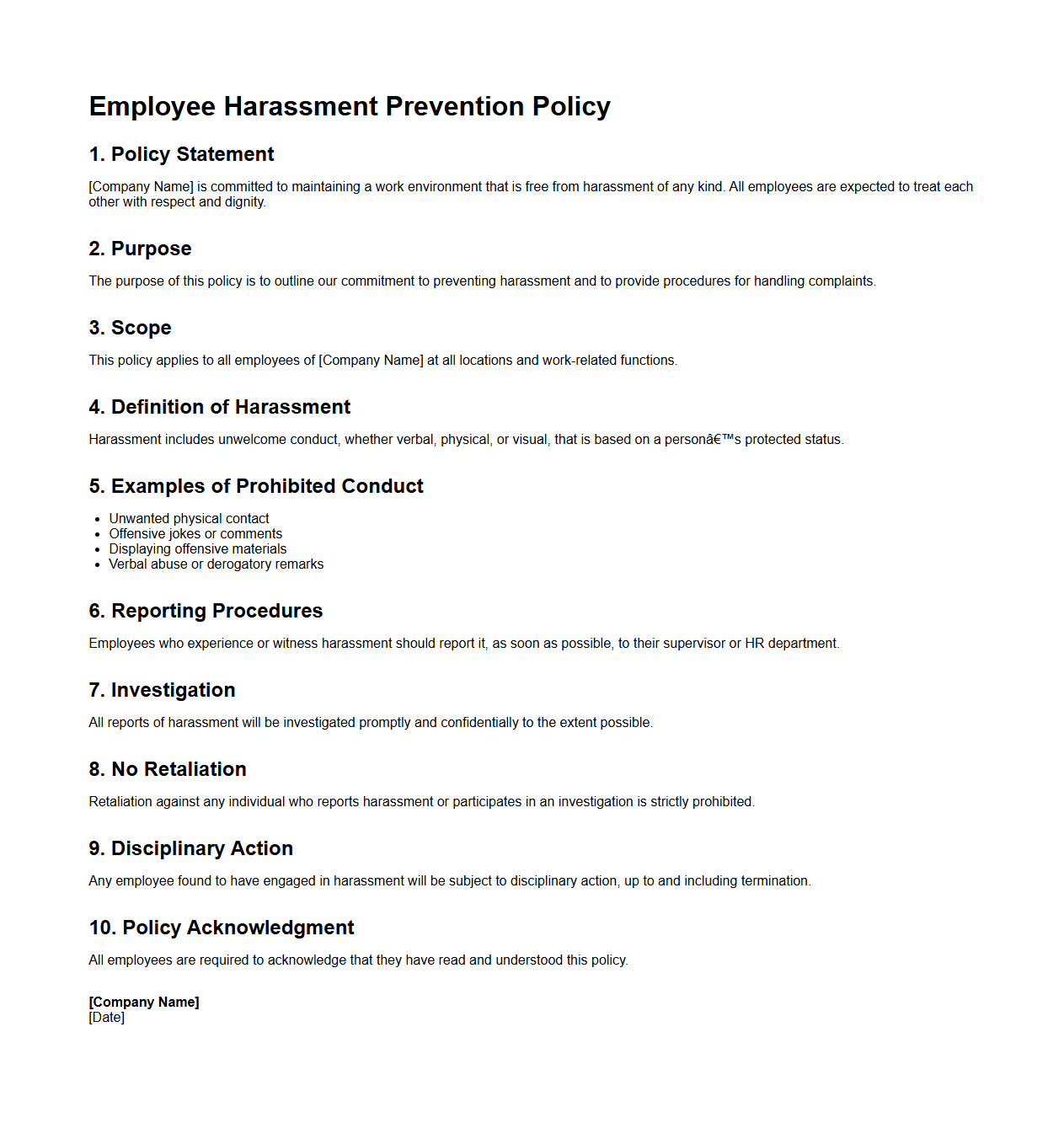 Blank Employee Harassment Prevention Policy Template