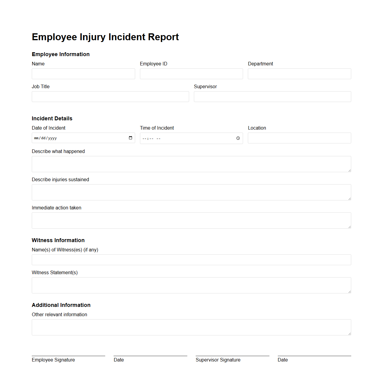 Blank Employee Injury Incident Report Template