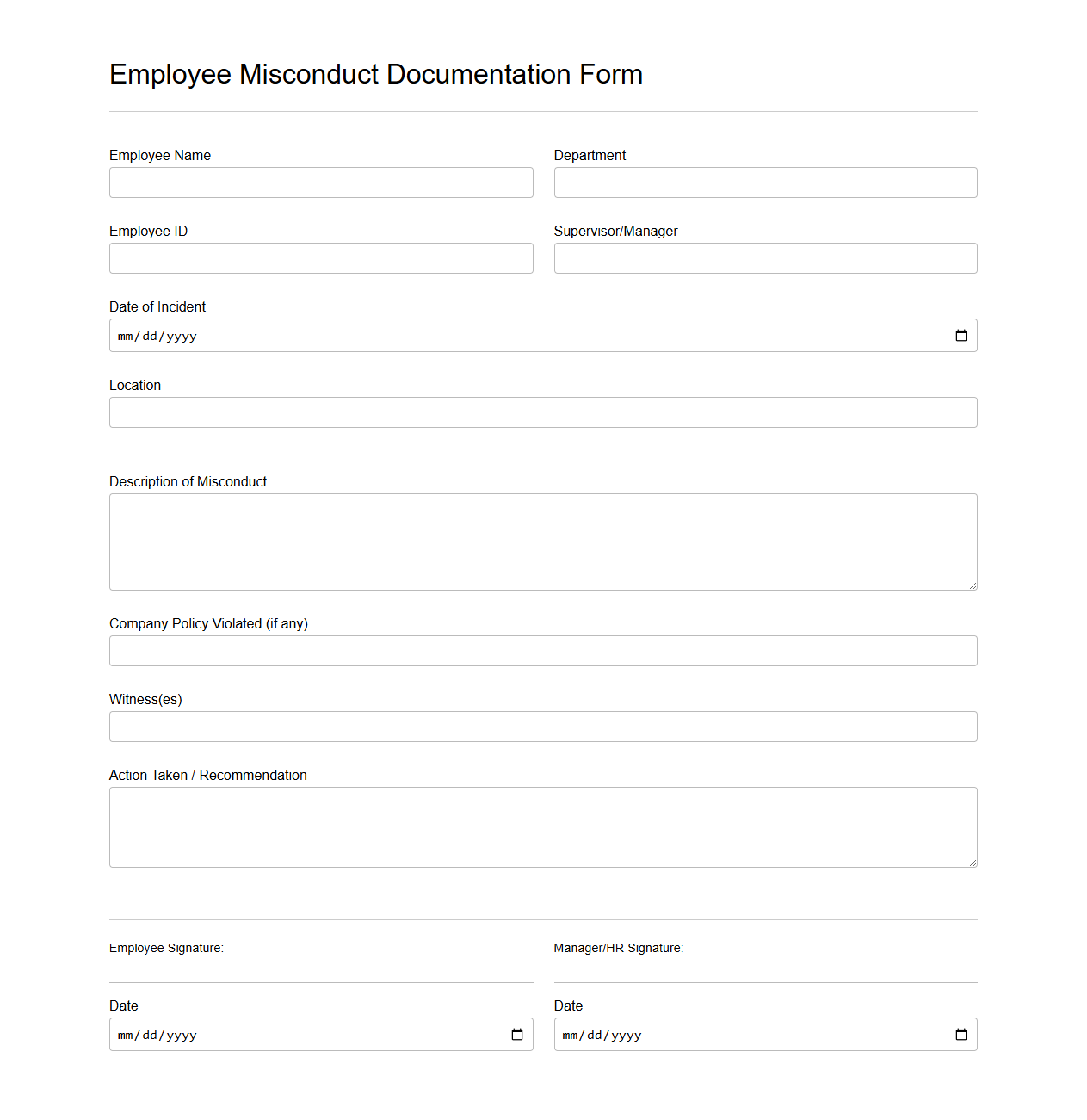 Blank Employee Misconduct Documentation Form for HR