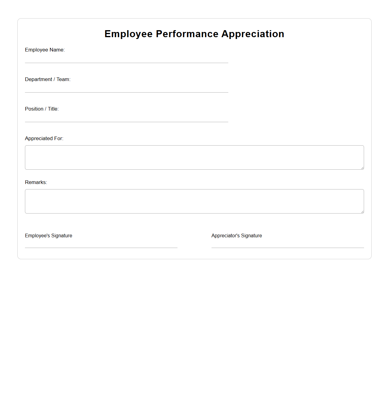 Blank Employee Performance Appreciation Template
