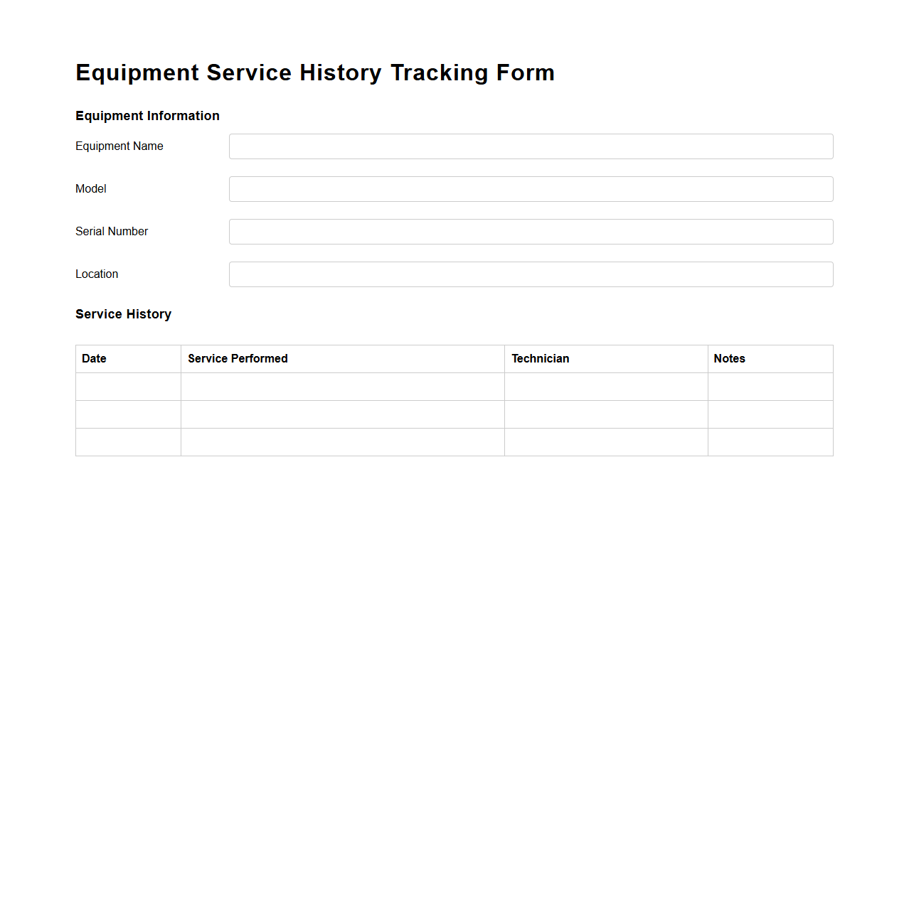 Blank Equipment Service History Tracking Form
