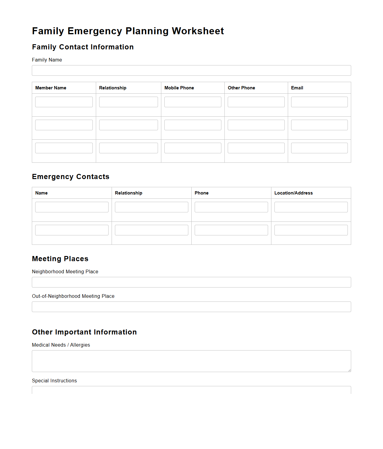 Blank Family Emergency Planning Worksheet