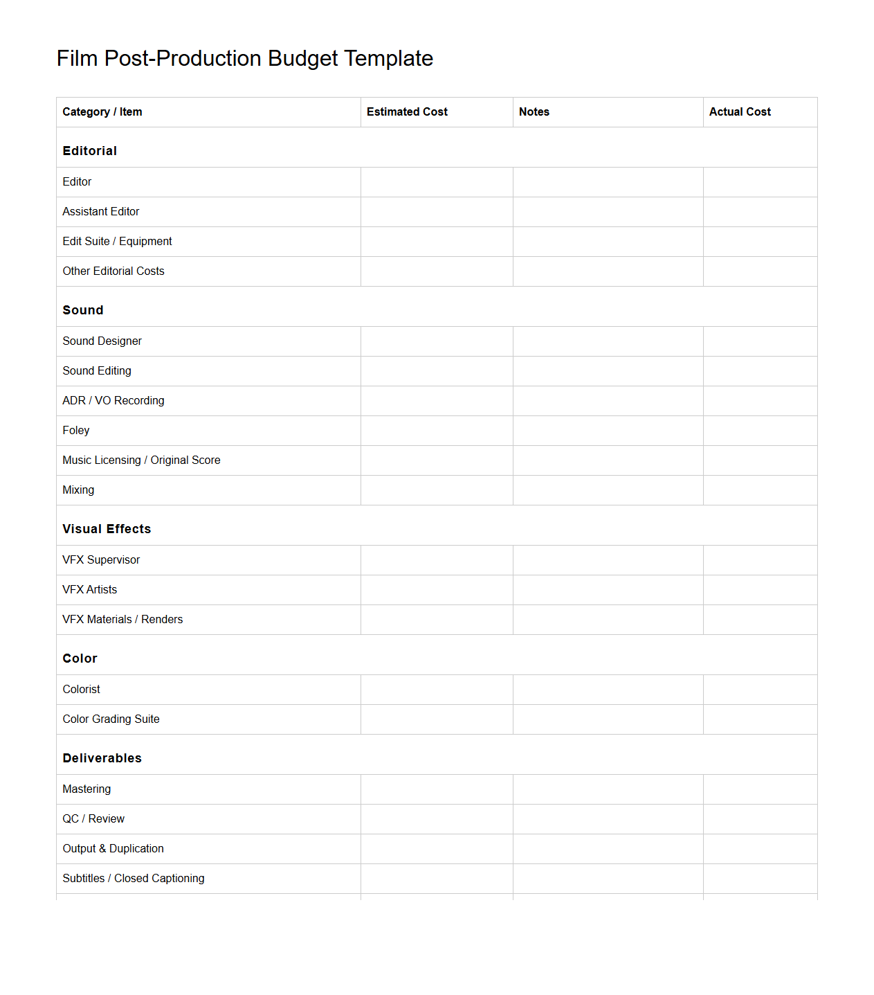 Blank Film Post-Production Budget Template