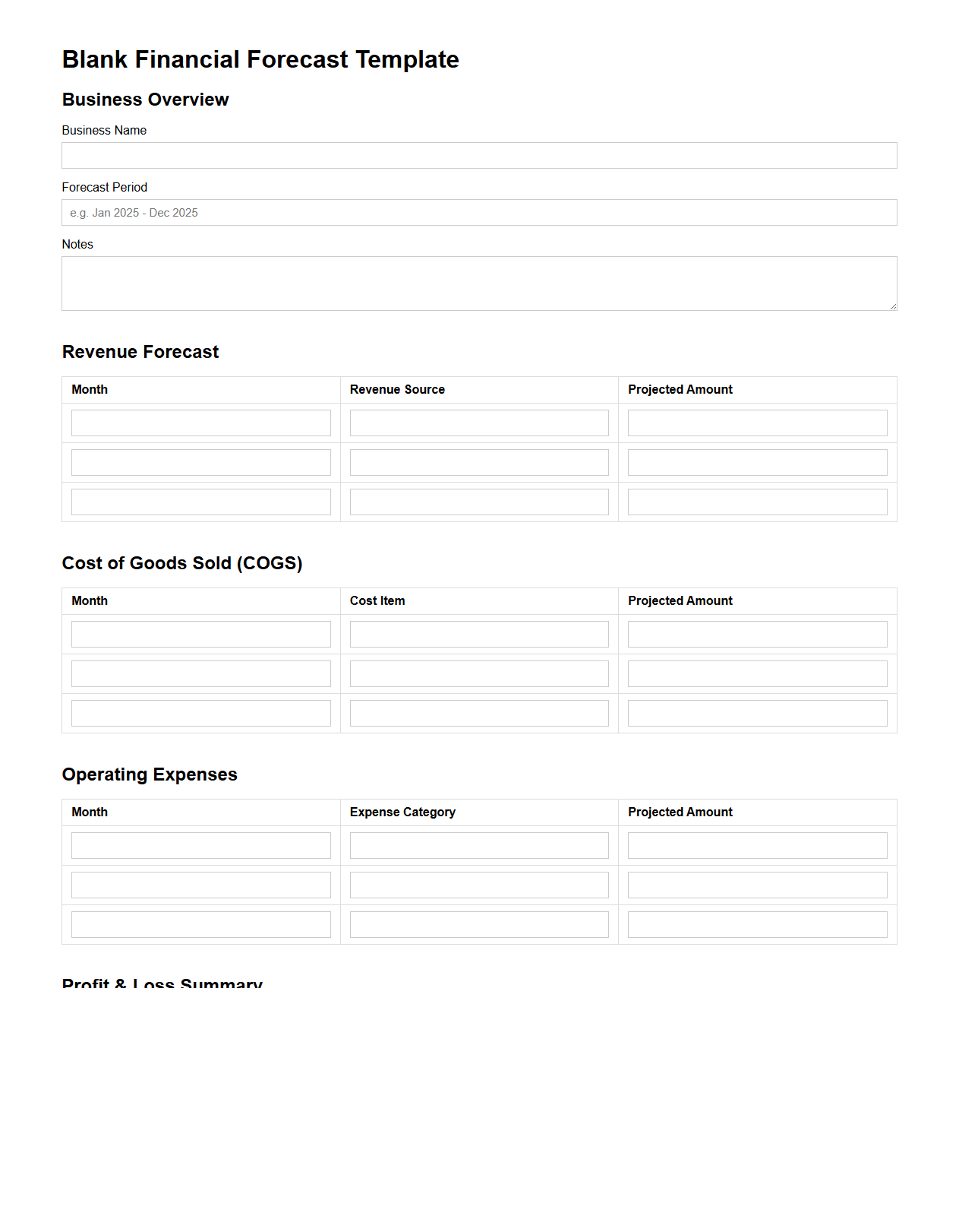 Blank Financial Forecast Template for Small Business Owners